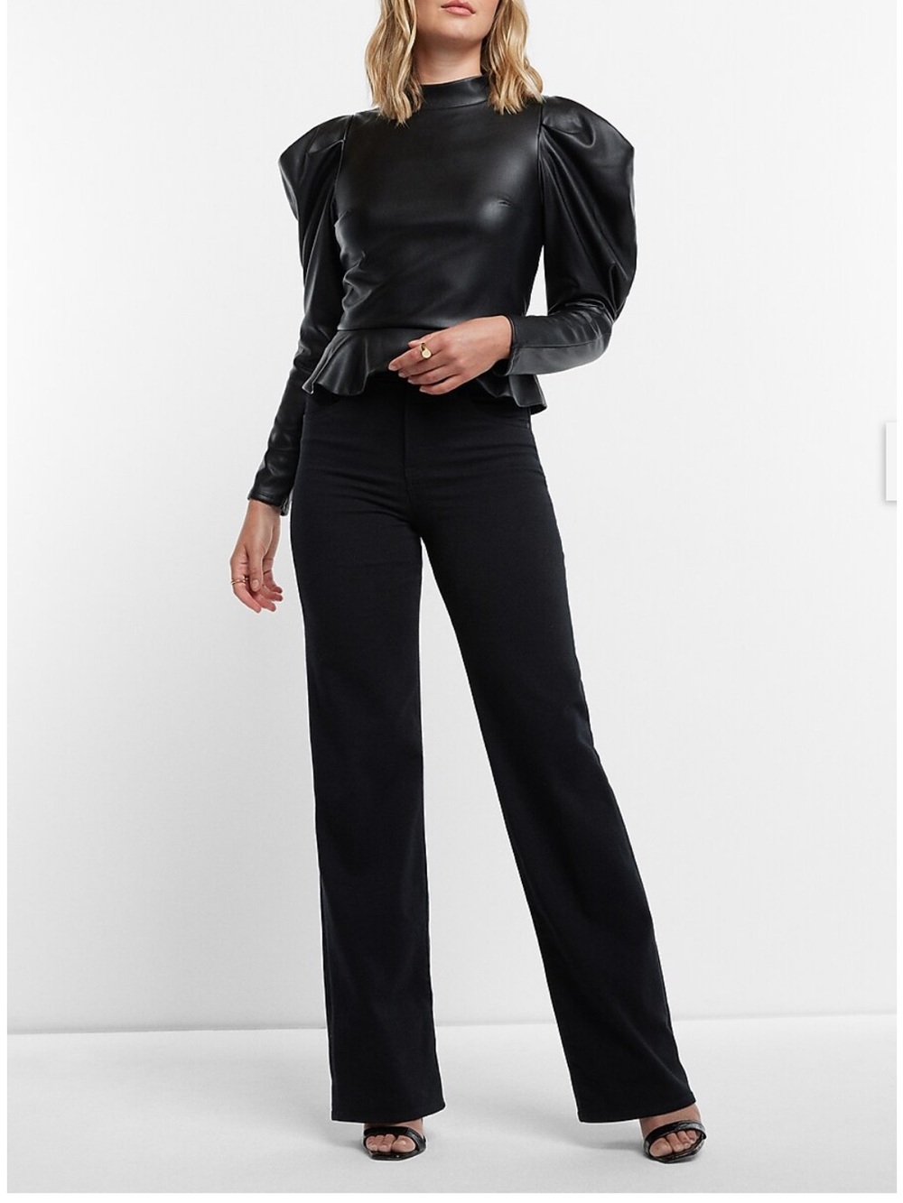 Express Black Faux Leather Mock Neck Puff Sleeve Peplum Top Women’s Size Medium